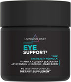Livingood Daily Eye Support, 13-in-1 Vision Supplement with Lutein, Zeaxanthin, Astaxanthin, Vitamin A, Lycopene, Maqui Berry & More, Promotes Healthy Eyes, Blue Light Protection, Vegan, 60 Capsules
