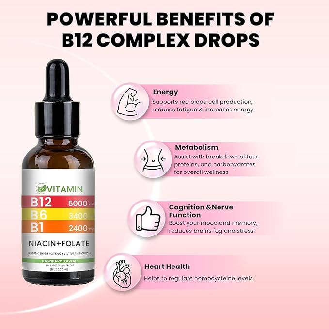 Vitamin B12 and B6 Liquid Drops, B12 Sublingual Vitamin B Complex - B 12 Vitamin 5000mcg - B12 Methylcobalamin for Energy, Brain, and Heart Support with, Raspberry, 80 Servings