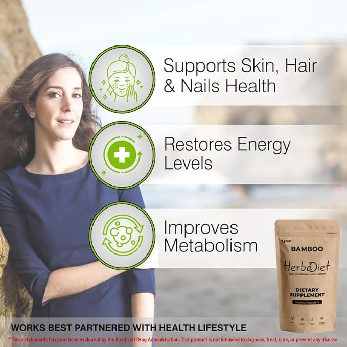 Herbadiet Bamboo Extract Powder | Supports Healthy Skin, Hair & Nails | Natural Hair Supplement with 70% Silica (50 gram / 1.76 oz)