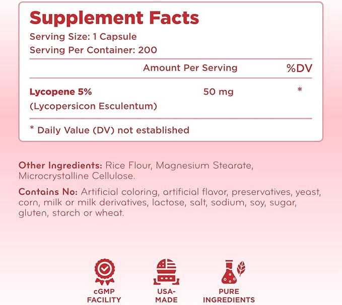 Tomato Based Lycopene Supplement - Extra Strength Lycopene 50mg Non-GMO Super Potent Antioxidant and Carotenoid Heart and Prostate Health Supplement for Men - Made in a cGMP US Lab (Lycopene)