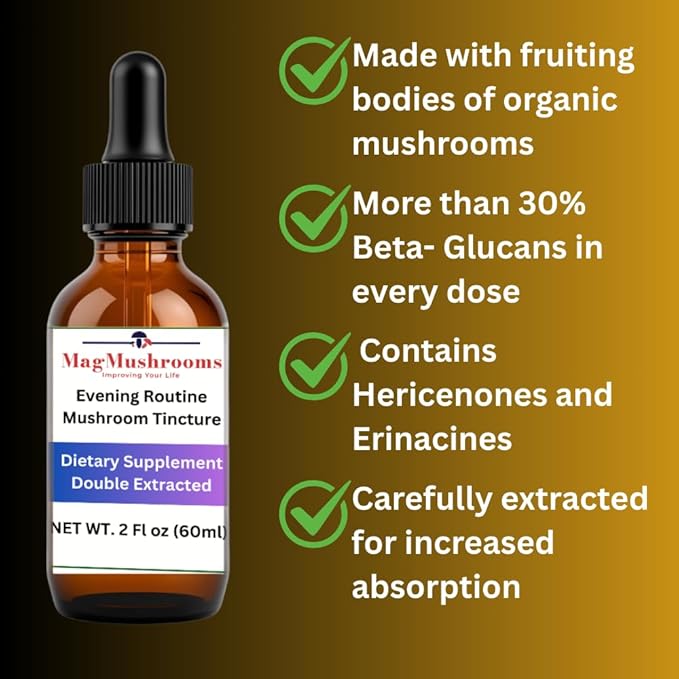 Evening Routine Mushroom Tincture, High Potency, Double Extracted, 60 Daily Doses, Reishi and Lion's Mane