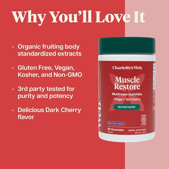 Charlotte's Web Muscle Restore Mushroom Gummies for Adults — Chaga & Tart Cherry Supplement for Muscle Recovery and Fatigue — Vegan, Kosher, Non-GMO (Dark Cherry Flavor, 30 Servings)