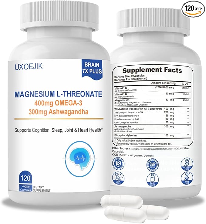 Magnesium L-Threonate, 2000mg Magnesium Supplement - Non-GMO, Gluten-Free, 120 Capsules