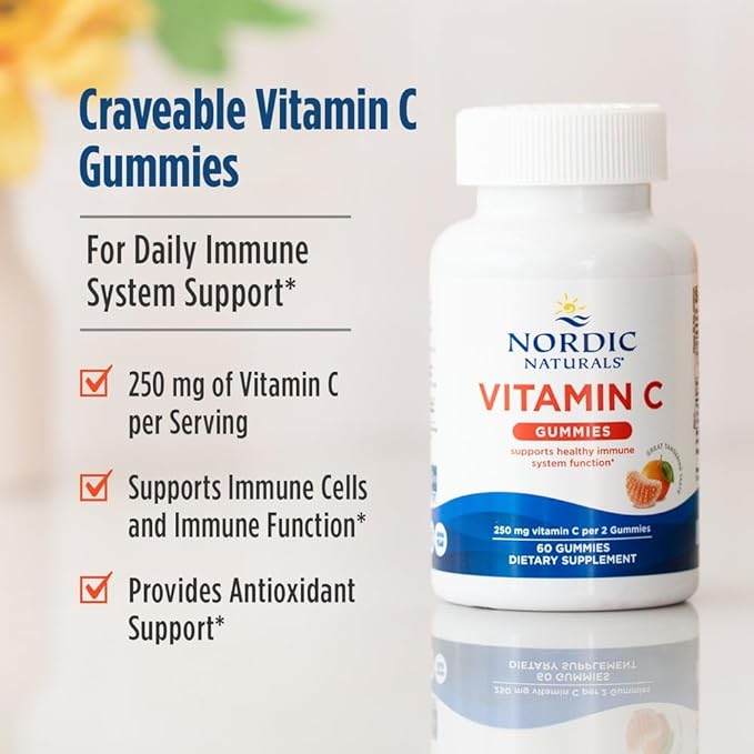 Nordic Naturals Vitamin C Gummies, Tart Tangerine - 60 Gummies - 250 mg Vitamin C - Immune Support, Antioxidant Protection, Child Growth & Development - Non-GMO, Vegan - 30 Servings