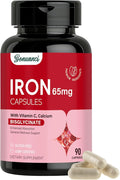 Iron Supplement - Iron 65mg High Absorption Iron Bisglycinate with Vitamin C, Calcium, Gentle Iron Pills for Women Men - Non GMO & Gluten Free, Stomach Friendly, 90 Capsules
