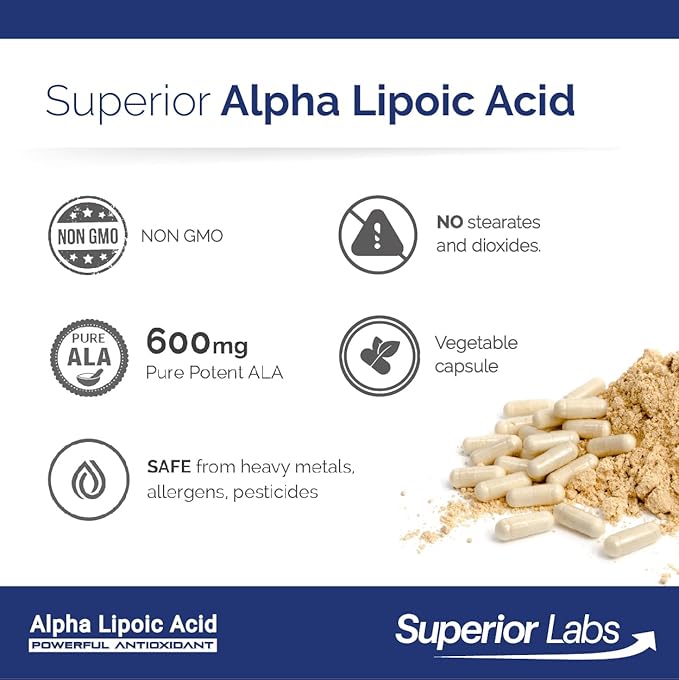 Superior Labs Alpha Lipoic Acid 600 mg Capsules, Pure Non-GMO ALA, High Absorption, Nerve Support, Healthy Circulation and Nerve Response, Healthy Aging Antioxidant, 120 Veg Caps, 4-Month Supply