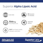 Superior Labs Alpha Lipoic Acid 600 mg Capsules, Pure Non-GMO ALA, High Absorption, Nerve Support, Healthy Circulation and Nerve Response, Healthy Aging Antioxidant, 120 Veg Caps, 4-Month Supply