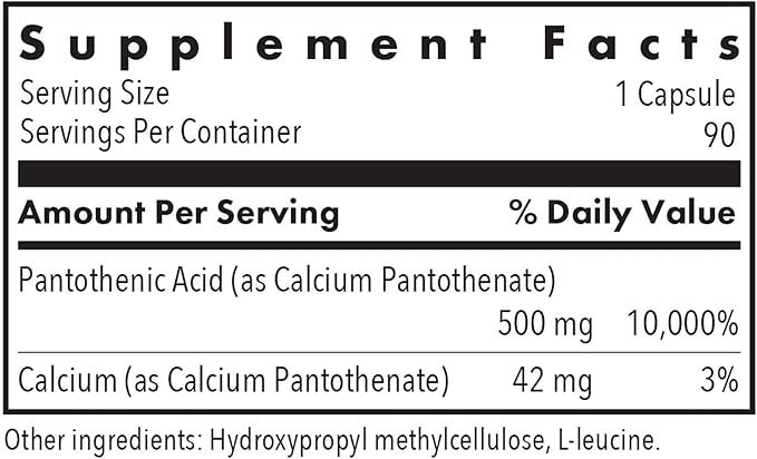 Allergy Research Group ARG Pantothenic Acid - 500 mg Vitamin B5 - Supports Metabolism & Adrenal Gland - Vegetarian Capsules - Hypoallergenic Formula - 90 Servings - 90 Count