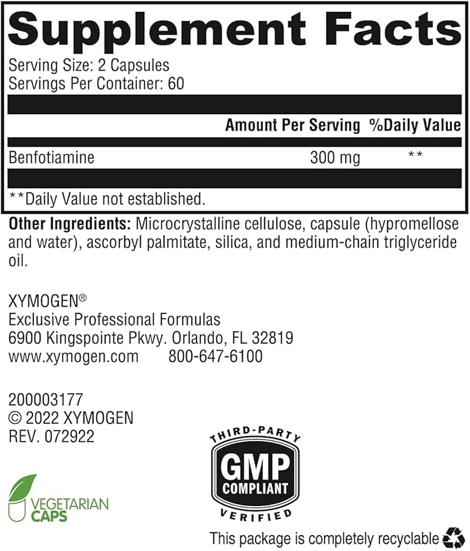 XYMOGEN Benfotiamine 300 mg - Bioavailable Thiamine B1 Derivative for Cellular Metabolic & Nerve Support* - Non-GMO, Gluten-Free, Vegan - 120 Capsules