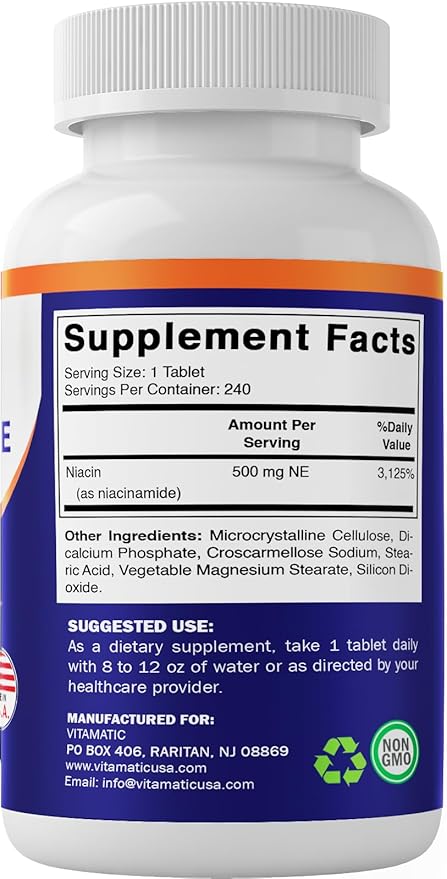 Vitamatic Niacinamide 500 mg 240 Tablets - Flush Free Vitamin B3 - Supports Energy Production (Pack of 2)