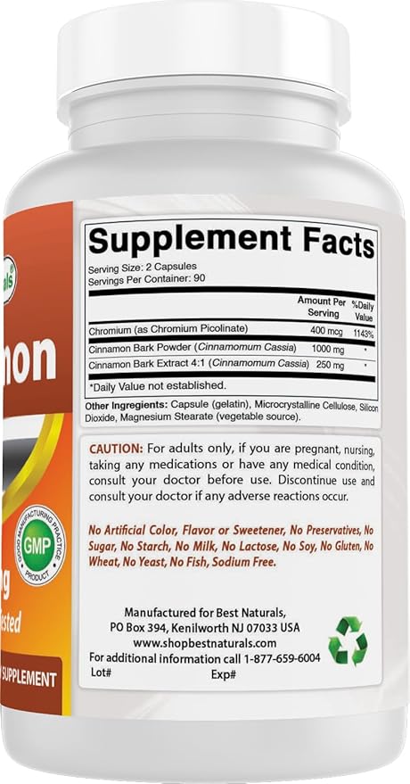 Best Naturals Cinnamon 2000 mg Equivalent with Chromium 400 mcg per Serving - Metabolism Support - 180 Capsules