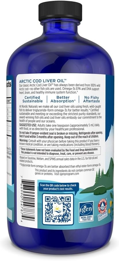 Nordic Naturals Arctic Cod Liver Oil, Orange - 16 oz - 1060 mg Total Omega-3s with EPA & DHA - Heart & Brain Health, Healthy Immunity, Overall Wellness - Non-GMO - 96 Servings