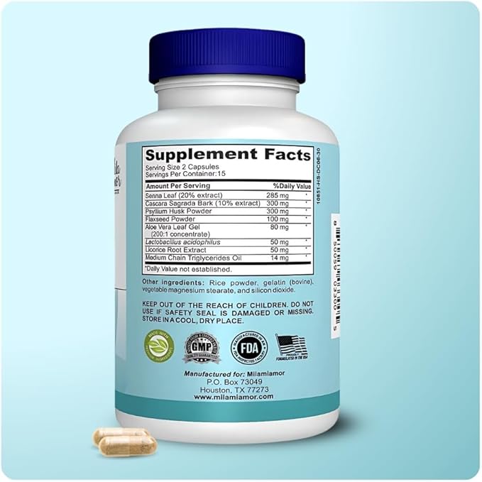 Mila Miamor 15 Day Cleanse - Gut and Colon Support - Advanced Gut Cleanse Detox for Women & Men with Senna, Cascara Sagrada & Psyllium Husk - Non-GMO - Made in USA - 30 Capsules