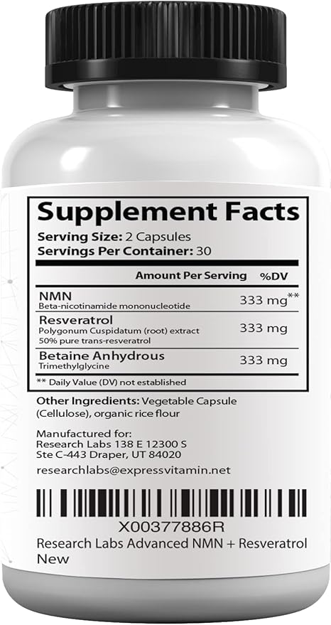Research Labs Advanced NMN Resveratrol & Betaine (TMG) Longevity Formula – NAD Cellular Energy, Healthy Aging, Metabolic Support – Advanced Science Supplement – Made in USA NAD Supplement Booster