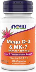 Now Supplements, Mega D-3 & MK-7, 5000 IU / 180 mcg, Bone & Cardiovascular Support*, Vitamins K-3 & K-2, 180 Capsules