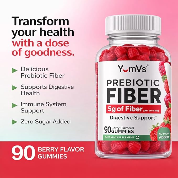 Yum-Vs - Prebiotic Fiber Gummies for Adults & Kids - 5g Digestive Aid Gummy Fiber Supplement - Keto Friendly Prebiotic Daily Fiber Supplement for Women & Men - No Sugar Added Dietary Fiber (90 Count)