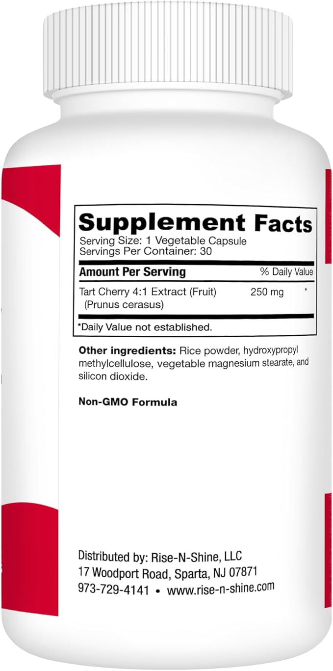Rise-N-Shine Tart Cherry 4:1 Extract (Fruit) (Prunus Cerasus) | 250 mg Tart Cherry Extract | Antioxidant | 30 Day Supply