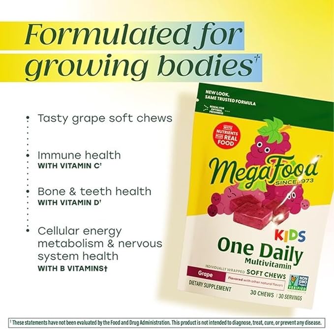 MegaFood Kids One Daily Multivitamin Soft Chews - Kids Vitamins with Vitamin B, Vitamin C, Vitamin D & Vitamin E - Age 4+, Vegetarian, Made Without 9 Food Allergens - Grape Flavor - 30 Chews