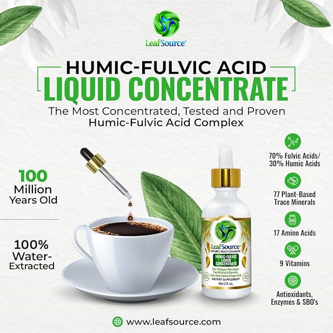 LEAFSOURCE Humic Fulvic Acid Liquid 2oz Trace Minerals with Electrolytes Collagen Vitamins Superior Humic to Fulvic Ratio More Energy Gut Health Joint Health Immune Support Hydration 180 serv