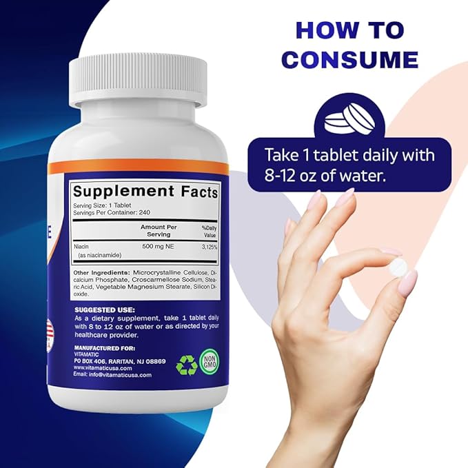 Vitamatic Niacinamide 500 mg 240 Tablets - Flush Free Vitamin B3 - Supports Energy Production (Pack of 2)