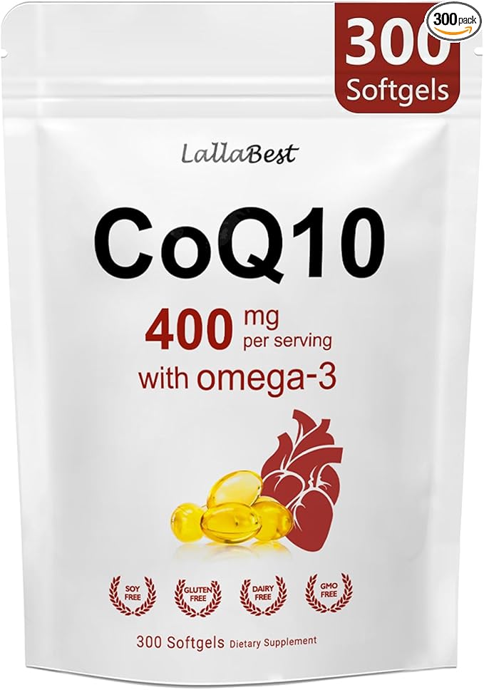 CoQ10 400mg with Omega 3 Fatty Acids, 300 Softgel | Stable High Absorption Form – Antioxidant Support for Heart & Energy Health – Extra Strength Coenzyme Q10 Supplement