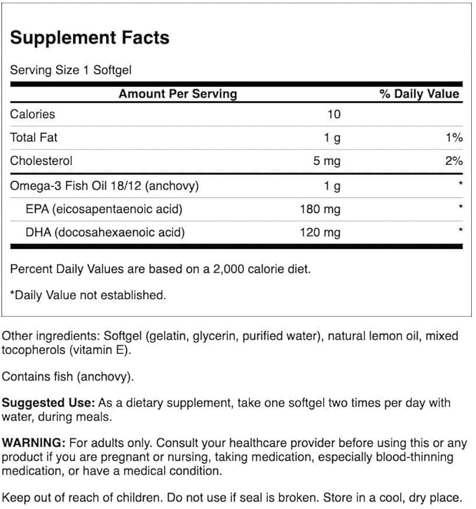 Swanson Omega-3 Fish Oil Heart, Brain, and Joint Support Supplement for Health-Conscious Adults - Lemon Flavor - 180 mg EPA + 120 mg DHA (150 Softgels)