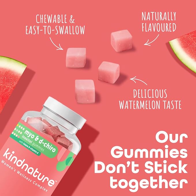 kindnature Myo-Inositol & D-Chiro Inositol Gummies for Women – 2000mg + 50mg, Ideal 40:1 Ratio – with Vitamin D & Folate – Hormone Balance & Fertility Support – Vegan, Watermelon Flavor (120 Gummies)
