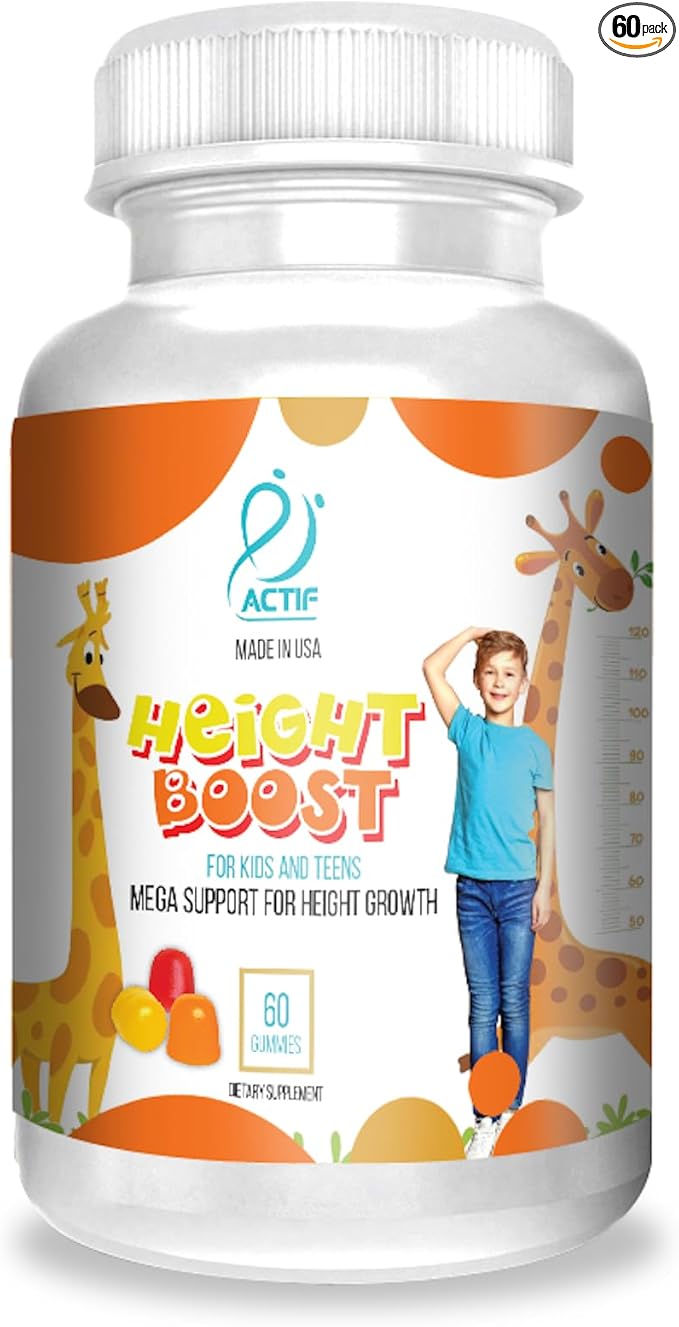 Actif Height Boost Mega Support for Height Growth with 10+ Factors, Height Supplement for Kids and Teens, 60 Gummies, Strawberry Flavor, Get Tall Fast Formula