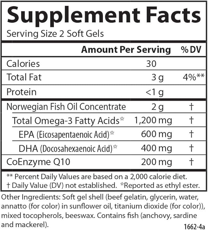 Carlson - Super Omega-3 Gems + CoQ10, 1200 mg Omega-3s 200 mg CoQ10, Circulation Function, Energy Production & Circulatory Support, 120 Softgels