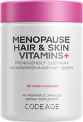 Codeage Menopause Hair & Skin Vitamins+ - Patented Lustriva, Pycnogenol, KSM-66 Ashwagandha - Hair Density Skin Perimenopause Support - Menopause Supplement - 10,000 Mcg Biotin, Wild Yam - 60 Capsules
