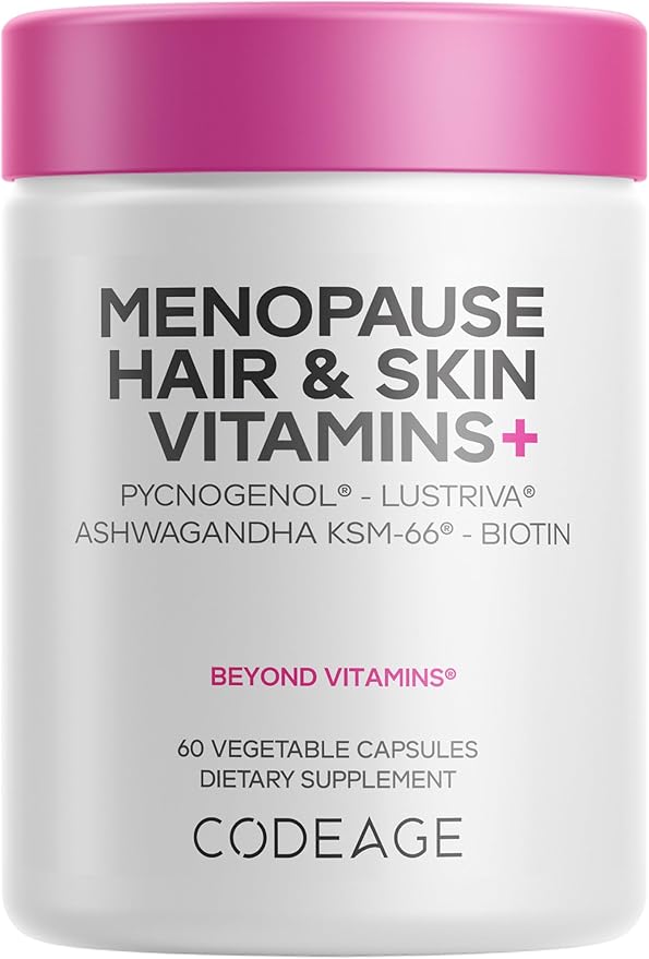 Codeage Menopause Hair & Skin Vitamins+ - Patented Lustriva, Pycnogenol, KSM-66 Ashwagandha - Hair Density Skin Perimenopause Support - Menopause Supplement - 10,000 Mcg Biotin, Wild Yam - 60 Capsules