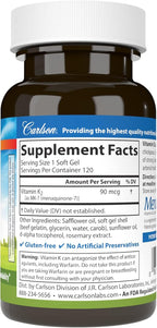 Carlson - Vitamin K2 MK-7 (Menaquinone), 90 mcg, Bone Support, Calcium Bioavailability, K2 Vitamin, Vitamin K-2, 120 Softgels