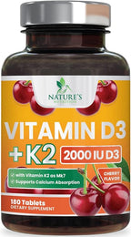 Vitamin D 2000 IU 50mcg Per Tablet - Vitamins D3 & K2 (MK7) Complex Supplement for Bone, Teeth, Muscle, Calcium Absorption, Supports Immune & Heart Health, Chewable Formula USA Bottled - 180 Tablets