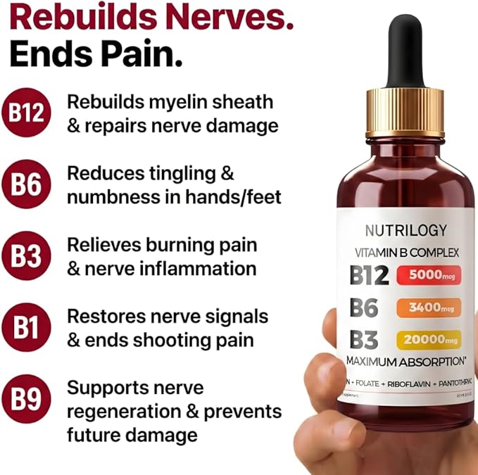 Vitamin B Complex for Men & Women - Riboflavin B2, B3, B5, B6, B12 | B-Complex Supplement - Nerve Pain, Energy, Brain & Heart Support - Made in USA, 60 Servings