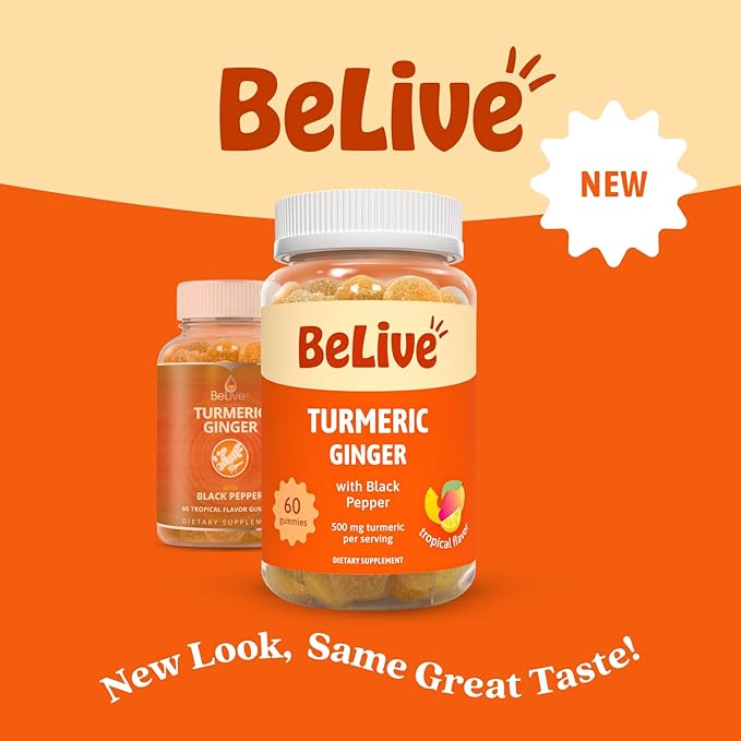 BeLive Turmeric and Ginger Gummies - 500mg - Joint and Mobility Support Supplement - Curcumin with Black Pepper for Enhanced Absorption - Tropical Flavor - 3 Pack, 180 Count