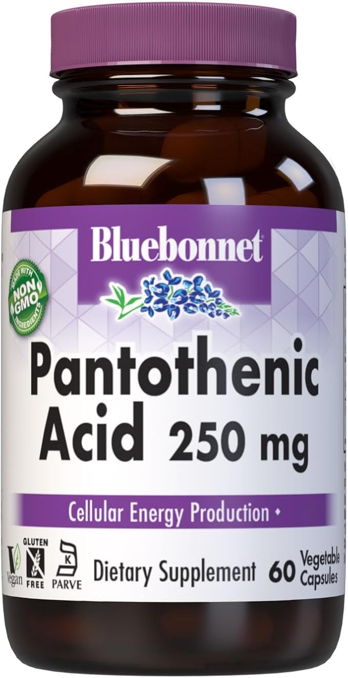 BlueBonnet Nutrition Pantothenic Acid 250 mg Daily Vitamin B5 Supplement for Cellular Energy for Women & Men - Vegan, Gluten-Free, Non-GMO - 60 Vegetable Capsules