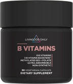 Livingood Daily Vitamin B Complex Capsules for Men and Women, Methylated B12 & Folate, 11 Active Forms Including B1 B2 B3 B5 B6 & Biotin, Gluten Free, Vegan B Vitamins for Hair Skin Nails, 30 Capsules