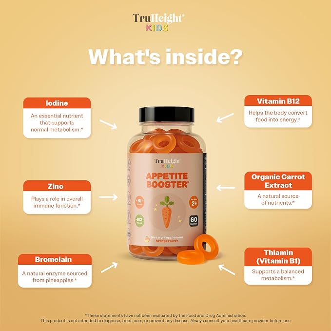 TruHeight Kids Appetite Booster Gummies (Orange, Ages 2+) All Natural Toddler & Kids Appetite Stimulant to Eat More - Weight Gain Supplements - Vitamins for Underweight Children - Picky Eater Vitamin