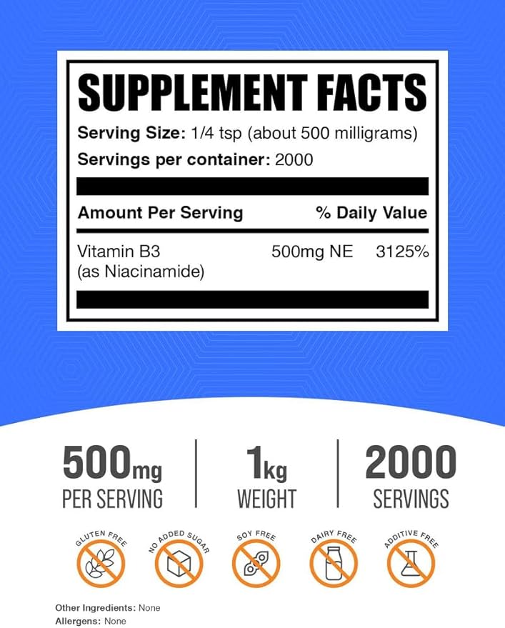 BulkSupplements.com Niacinamide Powder - Vitamin B3 Powder, Niacinamide Supplement, Niacinamide 500mg - B3 Vitamins for Skin, Gluten Free, 500mg per Serving, 1kg (2.2 lbs) (Pack of 1)