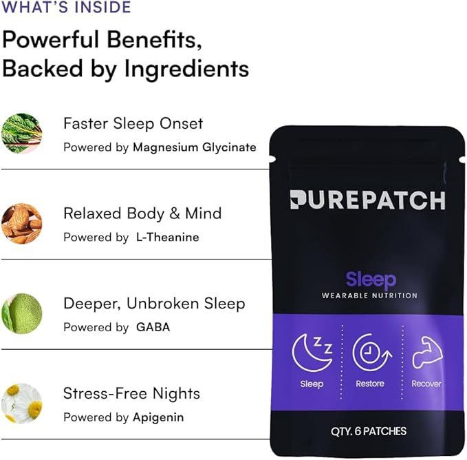 Pure Patch Sleep Patch – Plant-Based Vegan Topical Patch – Magnesium Glycinate – GABA – L-Theanine – Apigenin – Non-Ingestible – Water-Resistant – Gentle on Skin – Gluten Free – Made in USA –30Patches