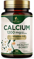 Calcium 1200 mg with Vitamin D3 Per Serving - Bone Health Supplement, Vitamin D & Calcium Supplements for Women & Men - Bone, Teeth & Immune Support, Nature's Calcium Pills, USA Bottled - 180 Tablets