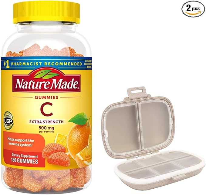 Nature Made Extra Strength Vitamin C 500 mg, 180 Gummies Bundle with a Pill Oragnizer (2 Items)