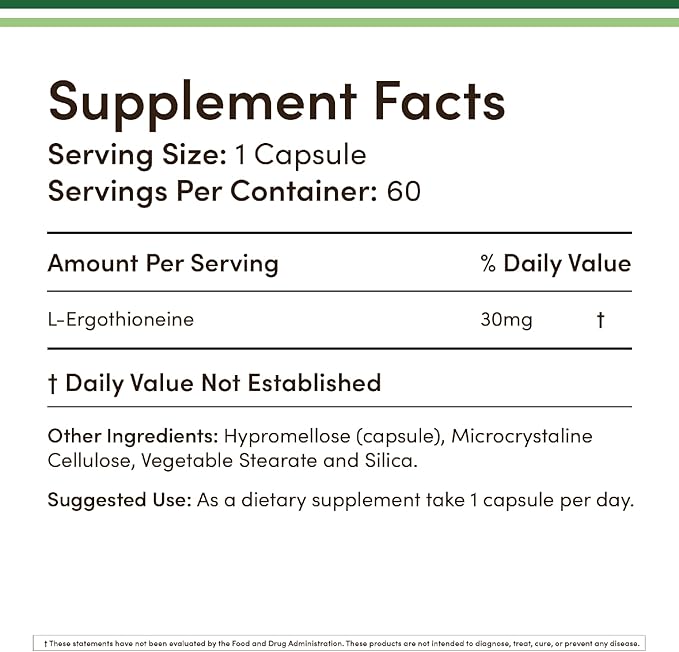 Ergothioneine Supplement (EGT) 30mg of Pure, Plant-Based L-Ergothioneine Per Capsule, 60 Count (May Support Longevity and Healthy Aging) Non-GMO, Gluten Free, Vegan Safe by Double Wood
