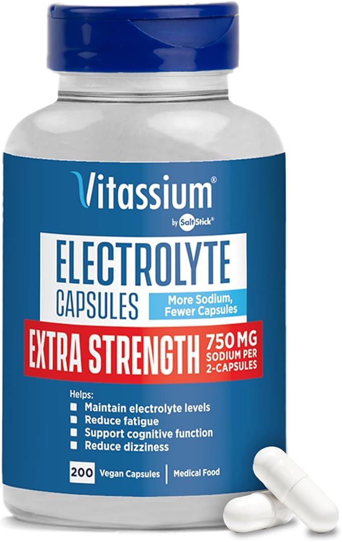 Vitassium Extra Strength Electrolyte Capsules - 750mg of Sodium for The Management of POTS and High Sodium Diets, Unflavored - 200 Salt Pills (Size 00)