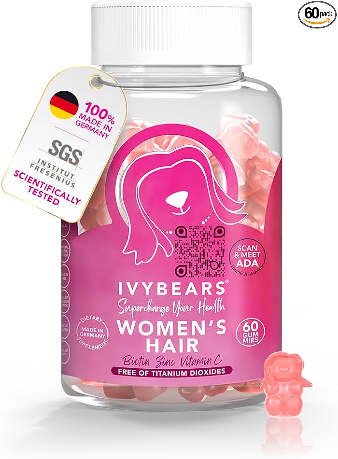 IvyBears Women’s Hair Vitamin Gummies with Complex Biotin, Collagen, Folic Acid, Vitamin B7, and Keratin for Hair, Skin & Nails - Vegan Hair Growth & 100% Vitamin Boost - 60 Count, 1 Month Supply