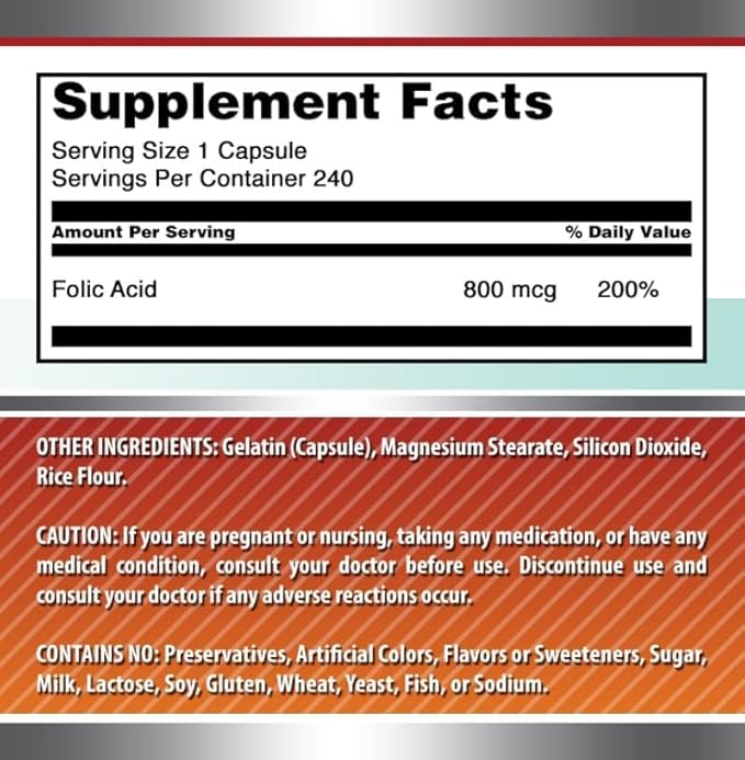 Amazing Formulas Folic Acid | 800 Mcg | 240 Capsules | Vitamin B9 Supplement | Non-GMO | Gluten Free | Made in USA (2 Pack)