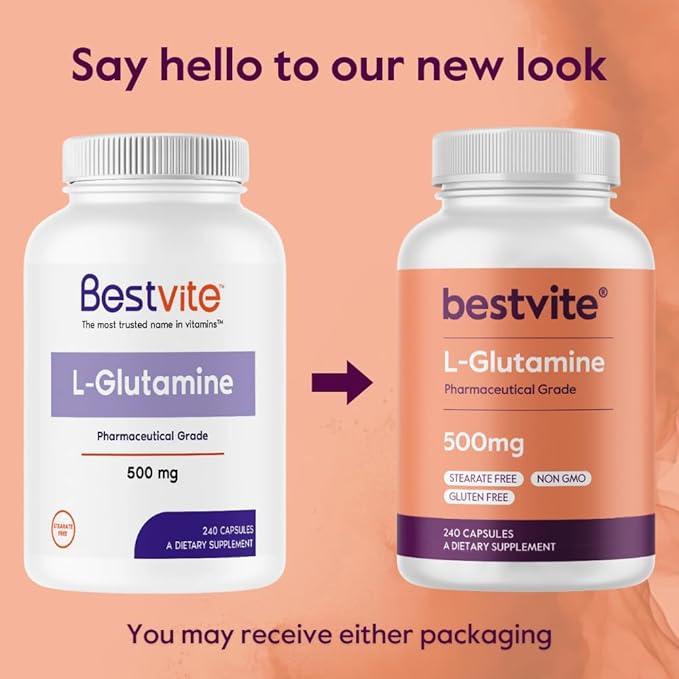 BESTVITE L-Glutamine 500mg per Capsule (240 Capsules) - No Dicalcium Phosphate - No Stearates - Non GMO - Gluten Free - Gut Health Support