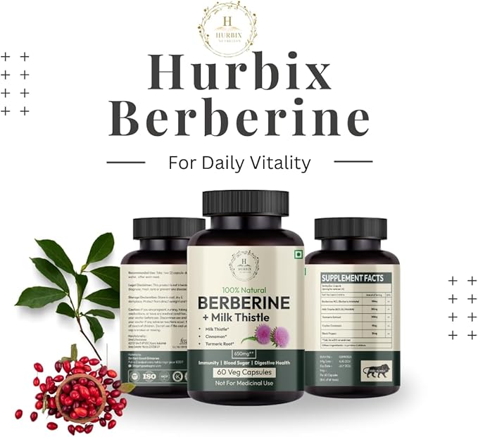 Hurbix Berberine - 1300 mg | 5 in 1 Enhanced Formula with Milk Thistle, Turmeric & Cinnamon | Premium High-Potency Formula | 60 Capsules