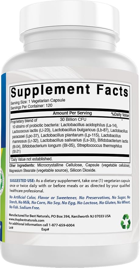 Best Naturals Probiotic 10 Strains 30 Billion Shelf Stable 120 Veggie Caps (120 Count (Pack of 2))