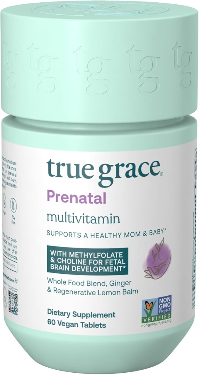 True Grace Prenatal Multivitamin - 30 Servings - Supports a Healthy Mom & Baby with Methylfolate & Choline for Fetal Brain Development - Gluten Free, Soy Free - 60 Vegan Tablets